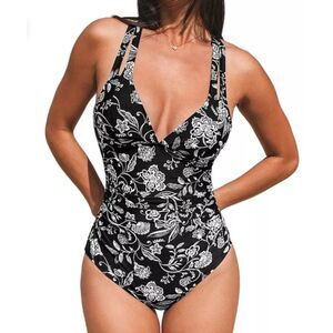 Cupshe Black White Floral One Piece Swimsuit Size Medium Tie Back Removable Cups